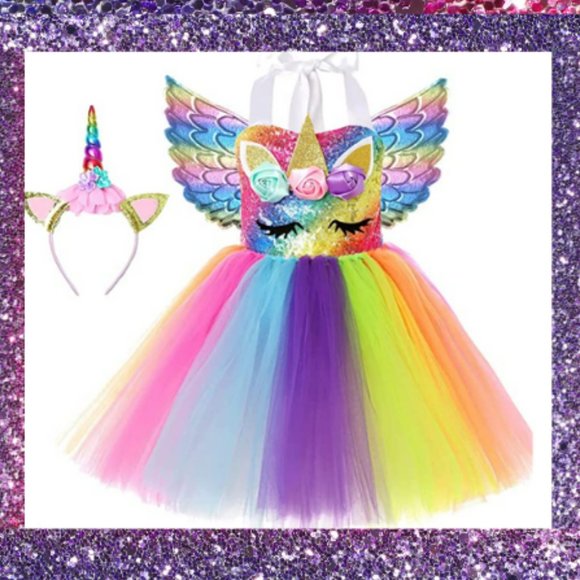 Girls Unicorn Costume LED Light Up Unicorn Princess Dress Birthday Party Outfit - Picture 5 of 5